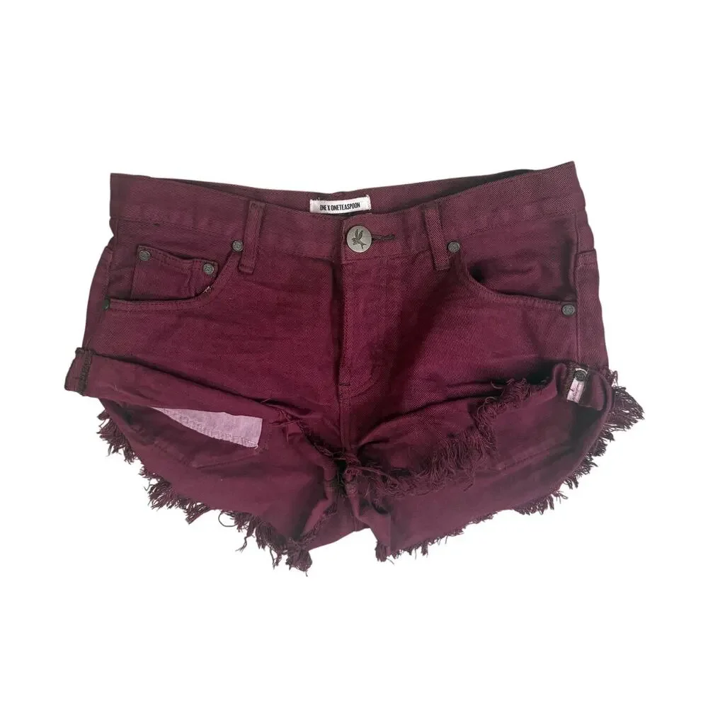 One Teaspoon Bandit Cutoff Micro Denim Short Red Burgundy Boho 26